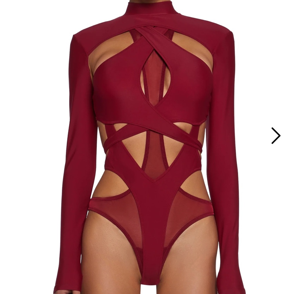 Darker Wavs FLANGER STRAPPY SPANDEX AND MESH BODYSUIT - RED - Picture 3 of 4